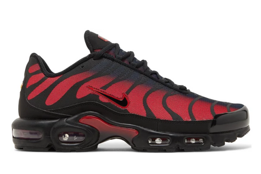 Hectickixs – Nike Air Max Plus TN in Bred Reflective colorway featuring a bold black and red upper with reflective accents, signature wavy design, and Tuned Air cushioning