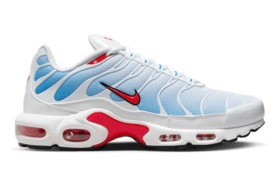 Hectickixs – Nike Air Max Plus TN Tide sneakers featuring an ocean-inspired blue gradient upper, signature wavy design lines, and Tuned Air cushioning for a bold streetwear look
